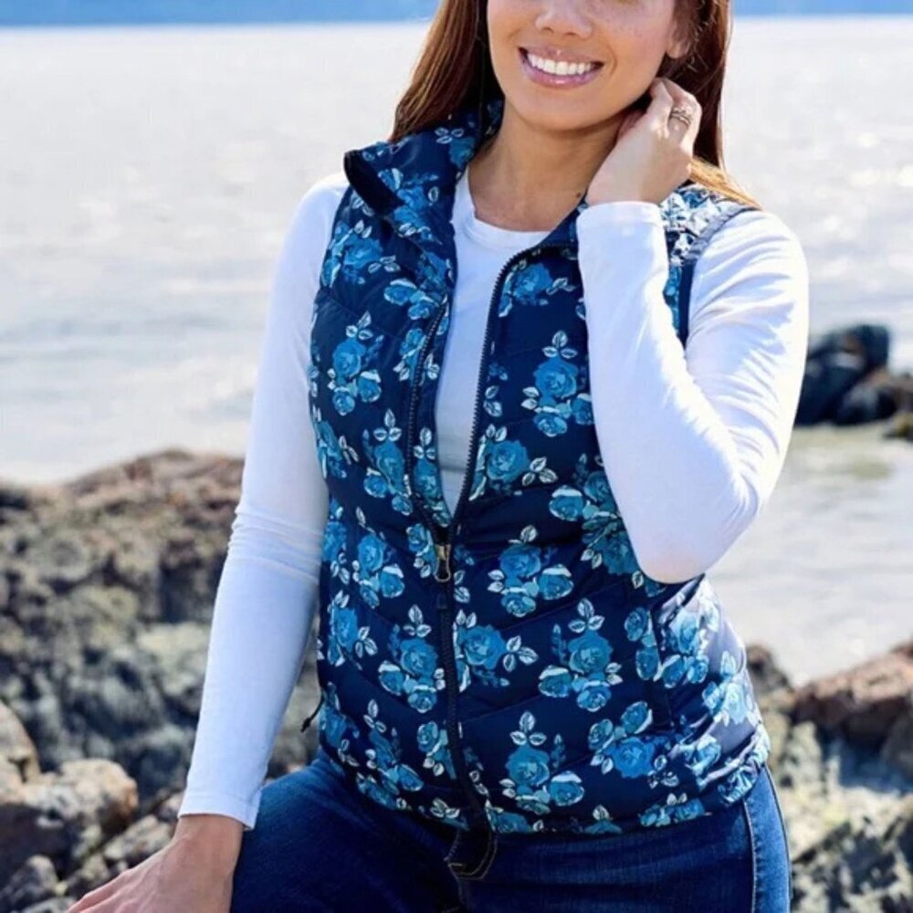 The North Face Blue Floral Flare 550 Down Puffer Vest Size Large 41747